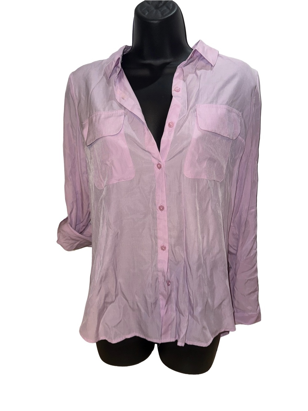 Express Women's Light Pink Button-Down Blouse with Chest Pockets | Long Sleeve